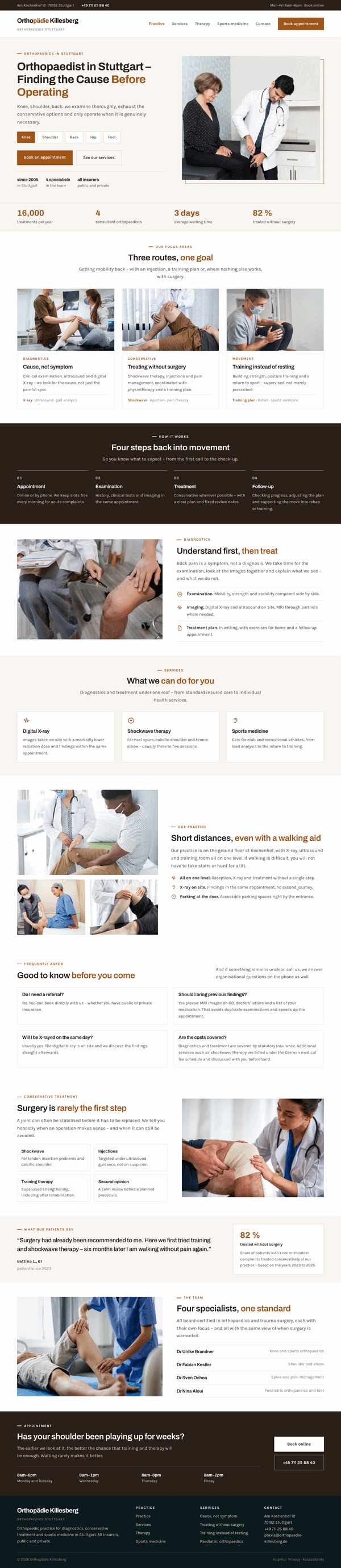 Home page of a Stuttgart orthopaedic practice with symptom selector, diagnostics and therapy