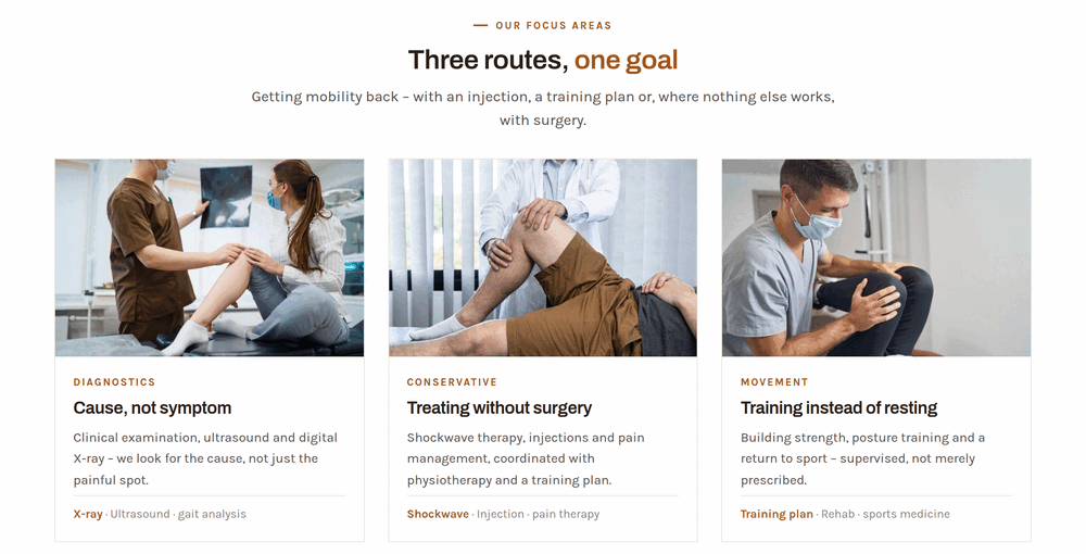 Focus areas section of an orthopaedics website: diagnostics, conservative treatment and movement as three cards with photos