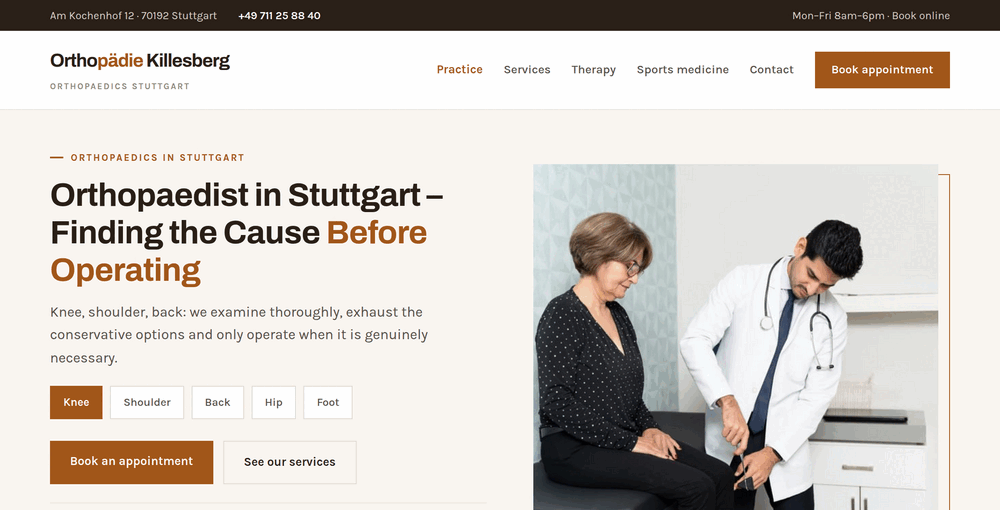 Hero section of a Stuttgart orthopaedic practice with headline and symptom selector