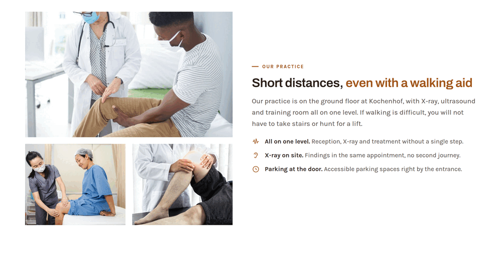 Practice section of an orthopaedics website with a photo mosaic of examination, treatment room and team