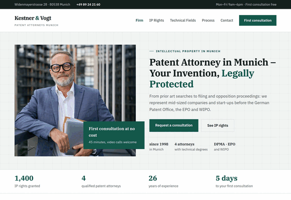 Home page of a Munich patent attorney firm with portrait hero, IP rights and filing process