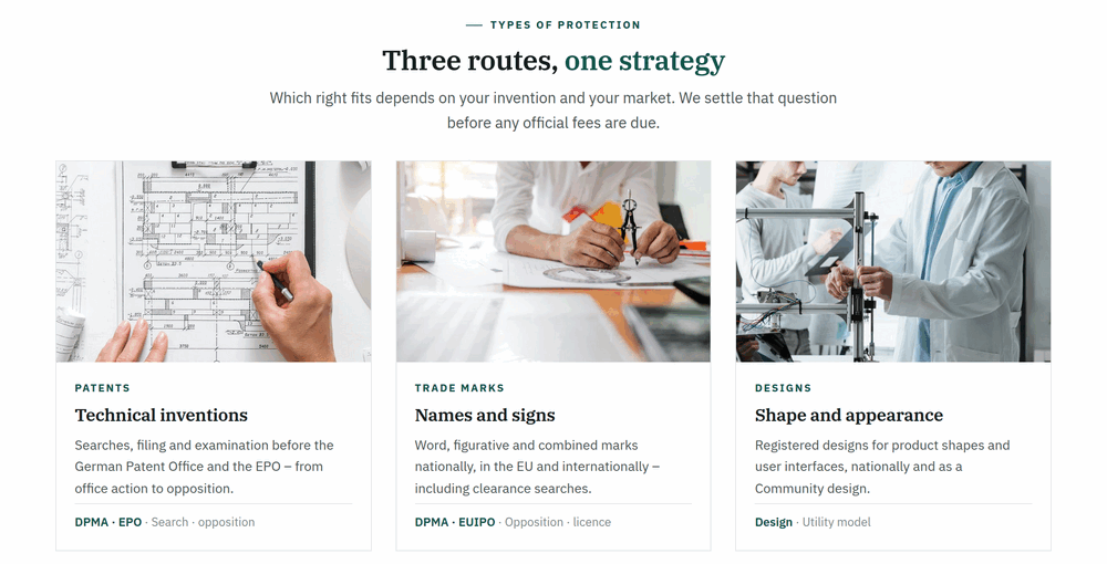 IP rights section of a patent attorney website: patents, trade marks and designs as three cards with technical photos