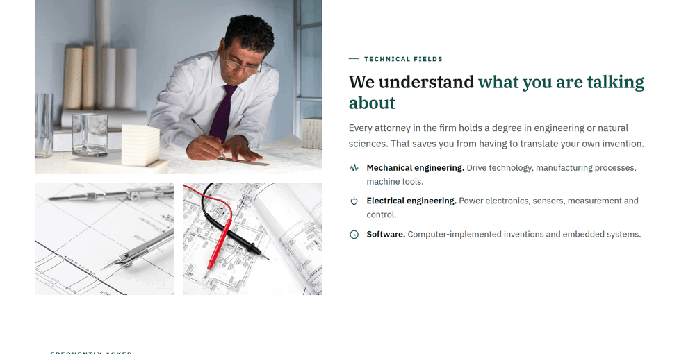 Technical fields section of a patent attorney site with a photo mosaic of drawings