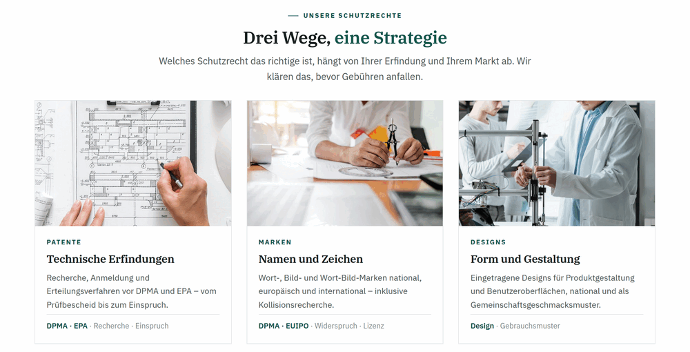 Schutzrechte-Sektion einer Patentanwalts-Website: Patente, Marken und Designs als drei Karten mit technischen Fotos
