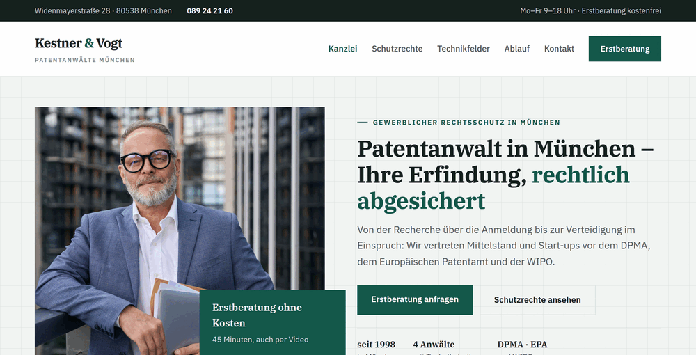 Startbereich einer Patentanwaltskanzlei in München mit Portrait und kostenfreier Erstberatung