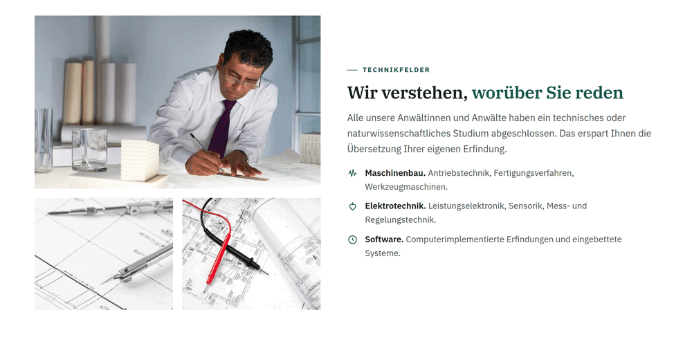 Technikfelder-Sektion einer Patentanwalts-Website mit Bildmosaik aus Konstruktion, Messtechnik und Labor