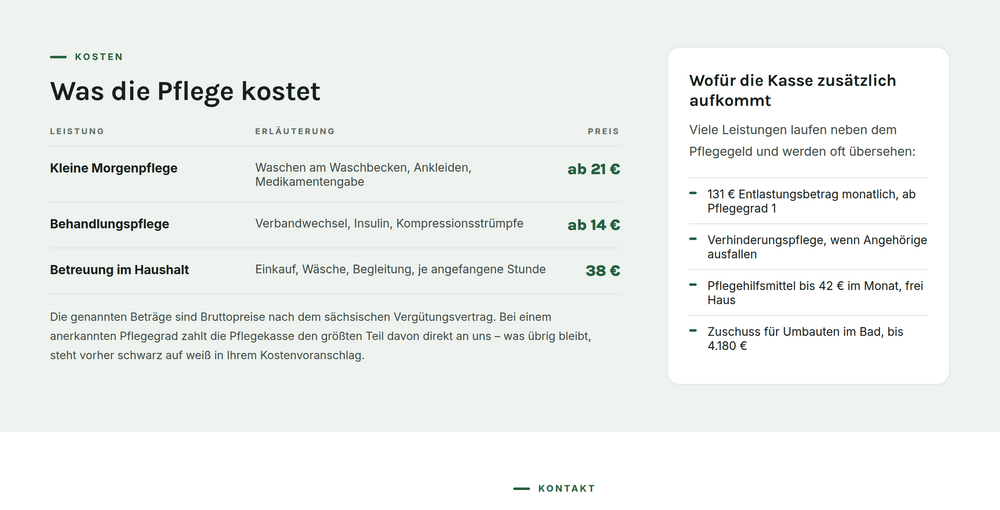 Kostenübersicht auf der Webseite eines Pflegedienstes