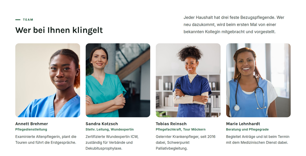 Teamvorstellung auf der Webseite eines Pflegedienstes