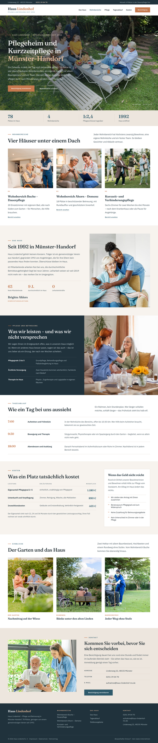 Webdesign für Pflegeheime: komplette Startseite einer Seniorenresidenz mit Angebot und Kontakt