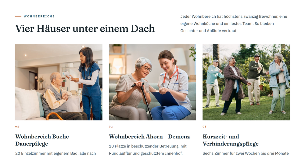 Angebotssektion einer Pflegeheim-Website mit Pflegegraden, Kurzzeit- und Dauerpflege