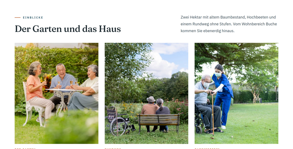 Galerie einer Pflegeheim-Website mit Zimmern, Garten und Gemeinschaftsbereichen