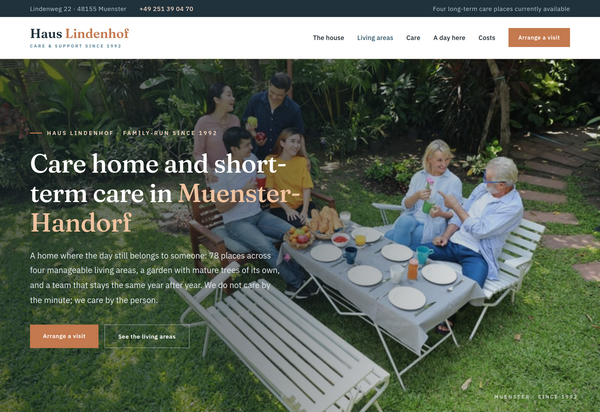 Web design for nursing homes: full homepage with services and contact details