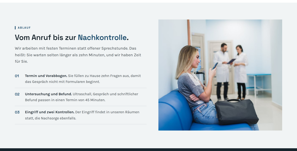 Ablauf-Sektion einer Venenpraxis-Website mit drei nummerierten Schritten von der Terminvergabe bis zur Nachkontrolle