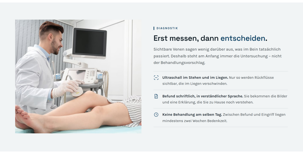 Diagnostik-Sektion einer Venenpraxis-Website mit Foto einer Duplex-Sonografie und drei Punkten zum Untersuchungsablauf