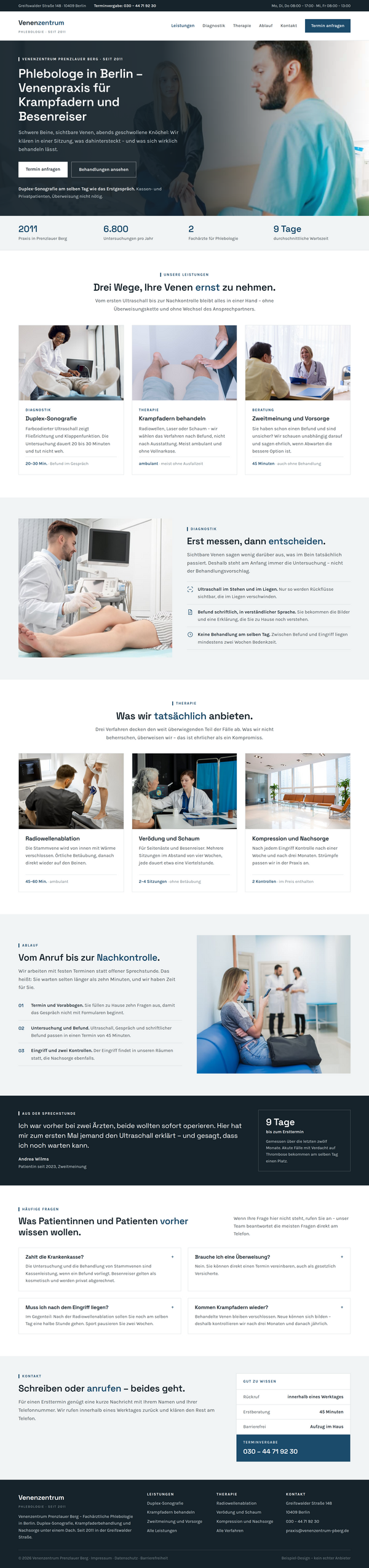 Startseite einer Berliner Venenpraxis mit Foto-Hero, Leistungen und Therapieverfahren