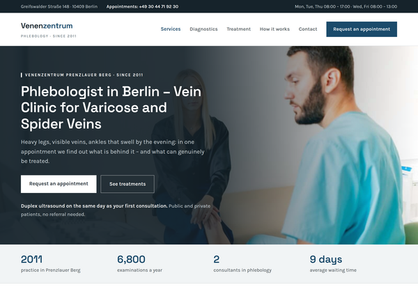 Web design for phlebologists: homepage of a Berlin vein clinic with photo hero, services, diagnostics, treatments and process