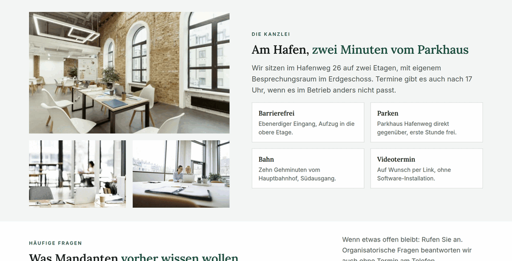 Kanzleiabschnitt „Am Hafen, zwei Minuten vom Parkhaus“ mit drei Fotos heller Büroräume