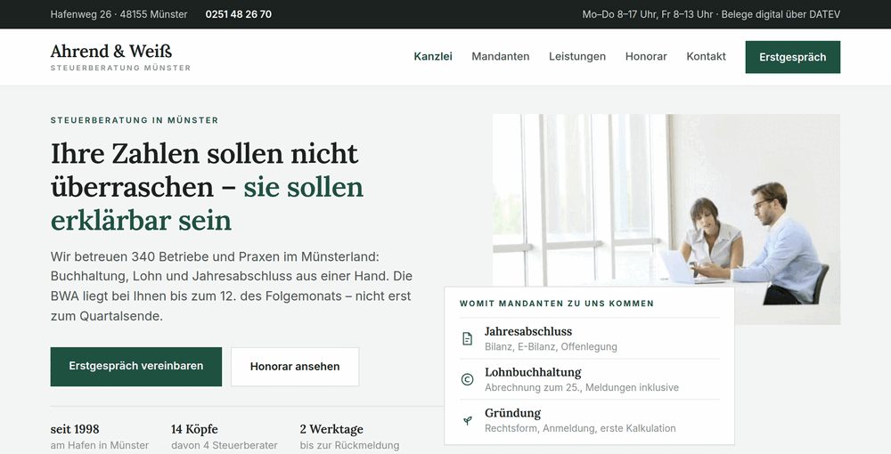Startbereich „Ihre Zahlen sollen nicht überraschen“ mit Besprechungsfoto
