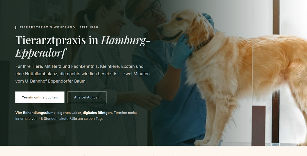 Hero-Bereich einer Tierarztpraxis in Hamburg-Eppendorf mit Golden Retriever
