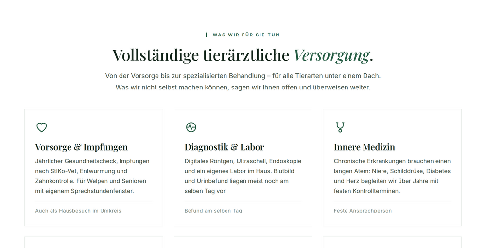 Leistungssektion einer Tierarztpraxis mit sechs Karten von Vorsorge bis Chirurgie
