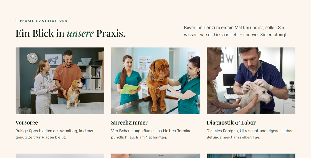 Praxisgalerie einer Tierarztpraxis-Webseite mit sechs Fotos aus Sprechzimmer, Labor, Operationssaal und Notfallambulanz