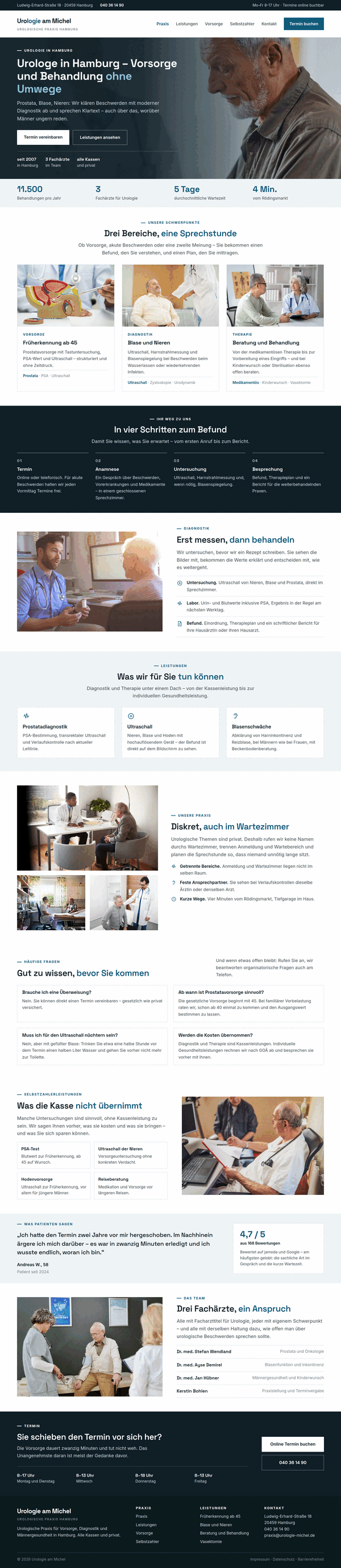 Komplettansicht einer urologischen Praxis in Hamburg mit dunklem Foto-Startbereich