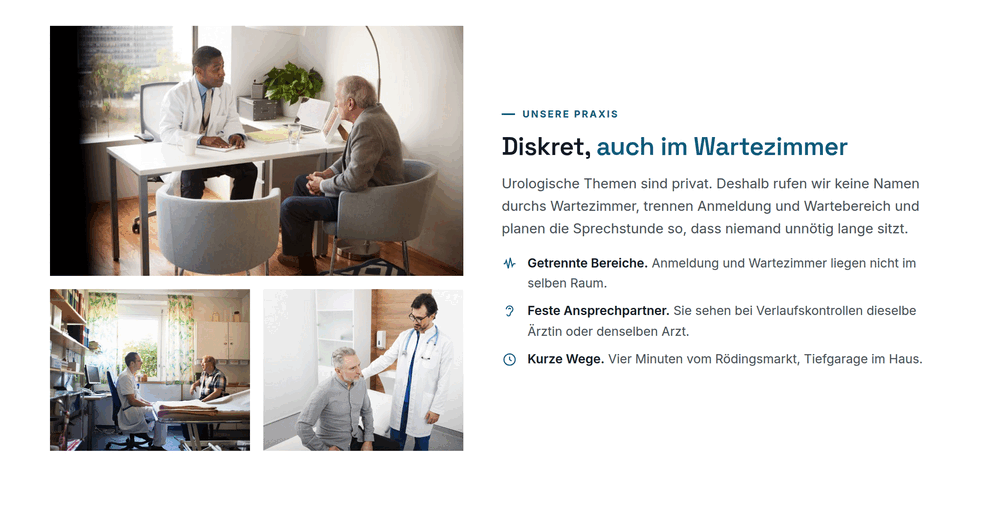Praxis-Sektion einer Urologie-Website mit Bildmosaik aus Sprechzimmer, Anmeldung und Behandlungsraum