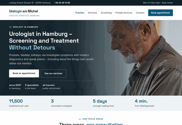 Web design for urologists: homepage of a Hamburg practice with dark photo hero, screening, diagnostics and private services