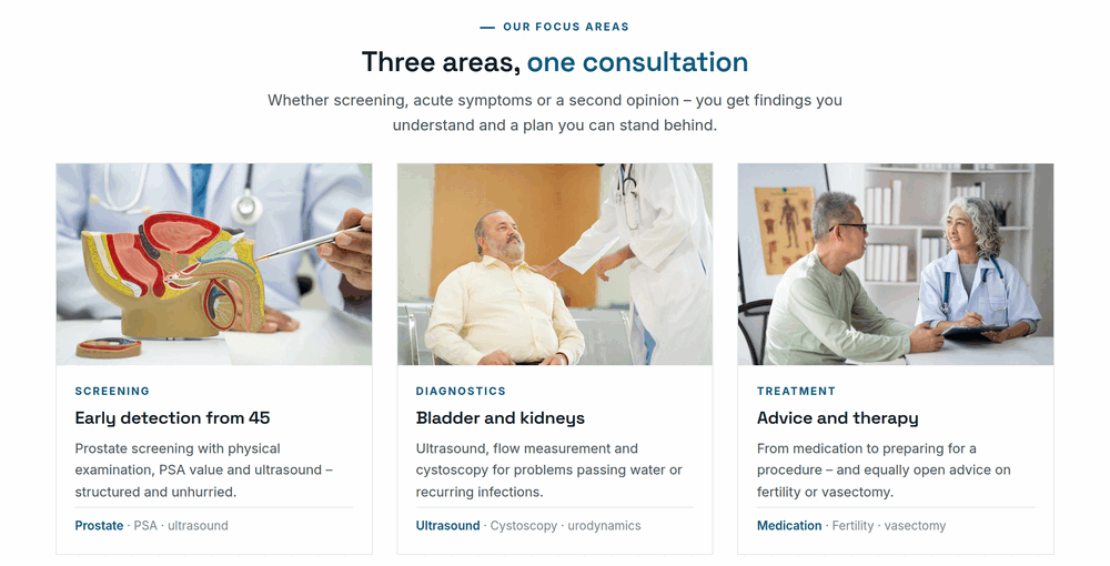 Focus areas section of a urology website: screening, diagnostics and treatment as three cards with photos