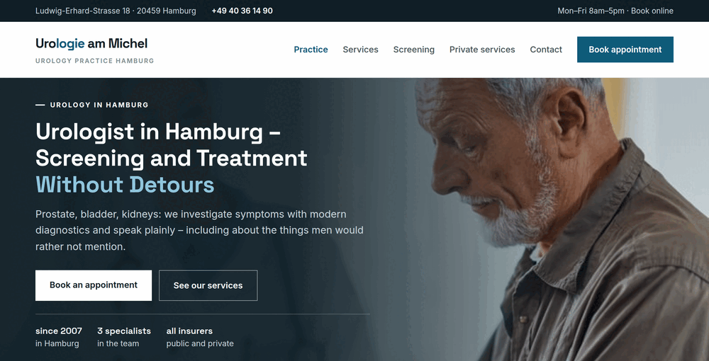 Hero section of a urology practice website in Hamburg with a dark full-width photo, headline and appointment buttons