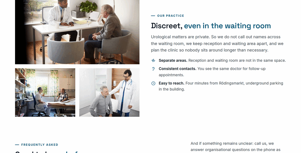 Practice section of a urology website with a photo mosaic of consulting room, reception and treatment room