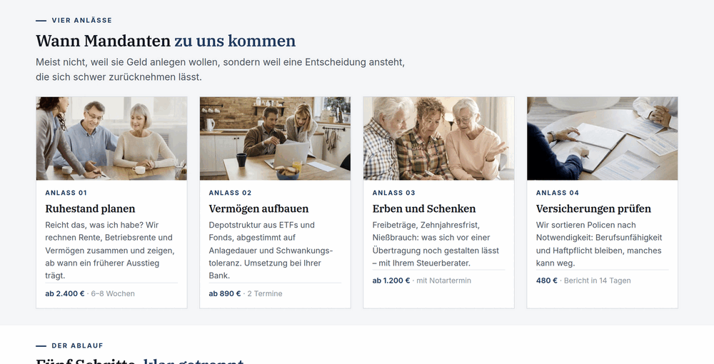 Vier Karten: Ruhestand planen, Vermögen aufbauen, Erben und Schenken, Versicherungen