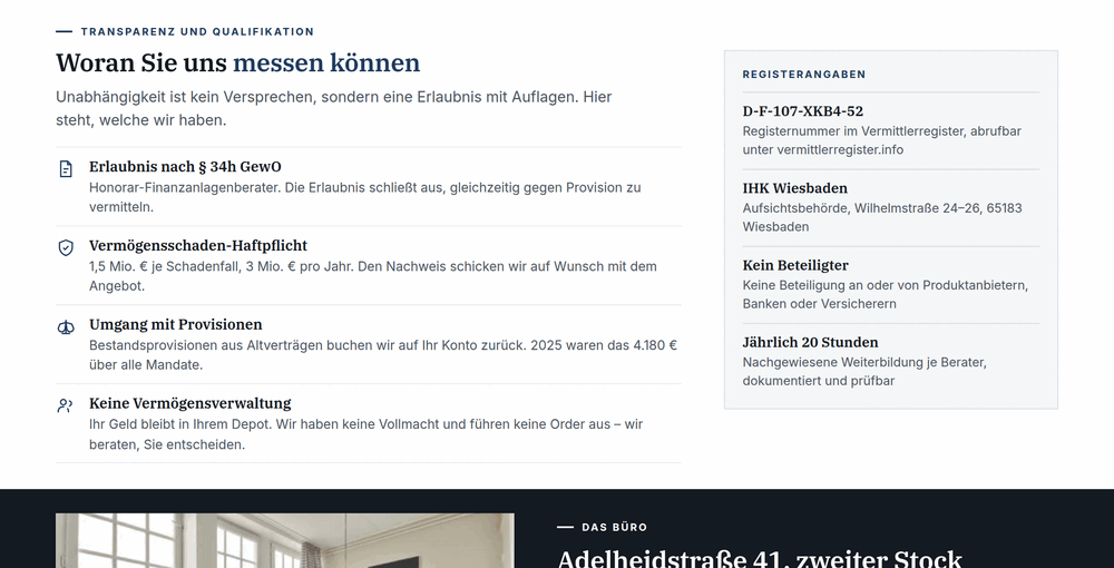Abschnitt „Woran Sie uns messen können“ mit Erlaubnis nach § 34h GewO und Haftpflicht