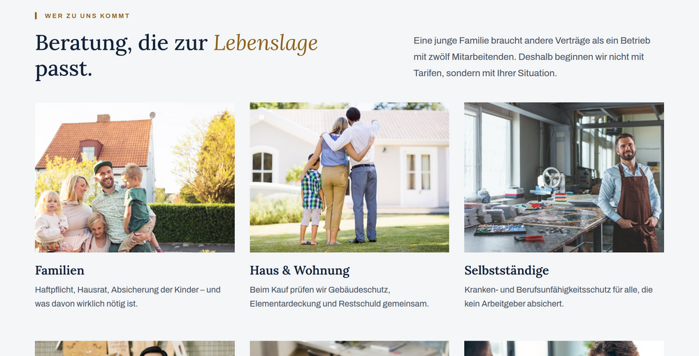 Bildergalerie einer Versicherungsmakler-Webseite mit Lebenslagen wie Familien, Haus und Wohnung sowie Selbstständige