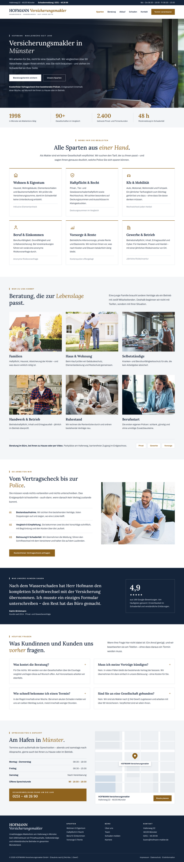 Webdesign für Versicherungsmakler: komplette Startseite eines Maklerbüros in Münster mit Sparten, Lebenslagen und Kontakt