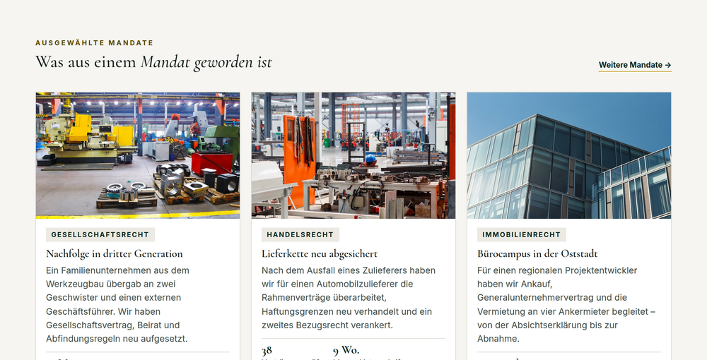 Abschnitt Mandate einer Wirtschaftskanzlei-Webseite