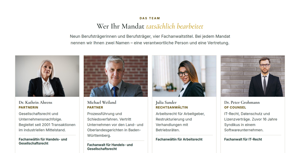 Abschnitt Team einer Wirtschaftskanzlei-Webseite