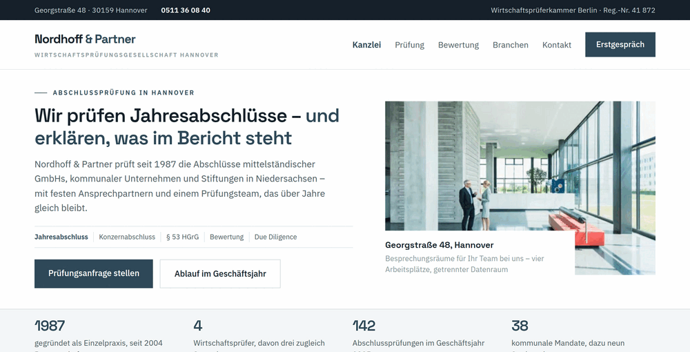 Startbereich „Wir prüfen Jahresabschlüsse und erklären, was im Bericht steht“