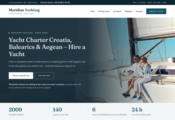 Home page of a yacht charter agency with photo hero, fleet, sailing areas and skipper service
