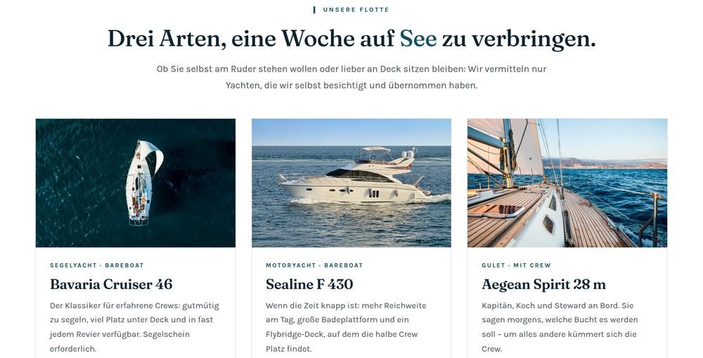 Flottenübersicht auf einer Yachtcharter-Website mit Segelyacht, Motoryacht und Gulet inklusive Preisen