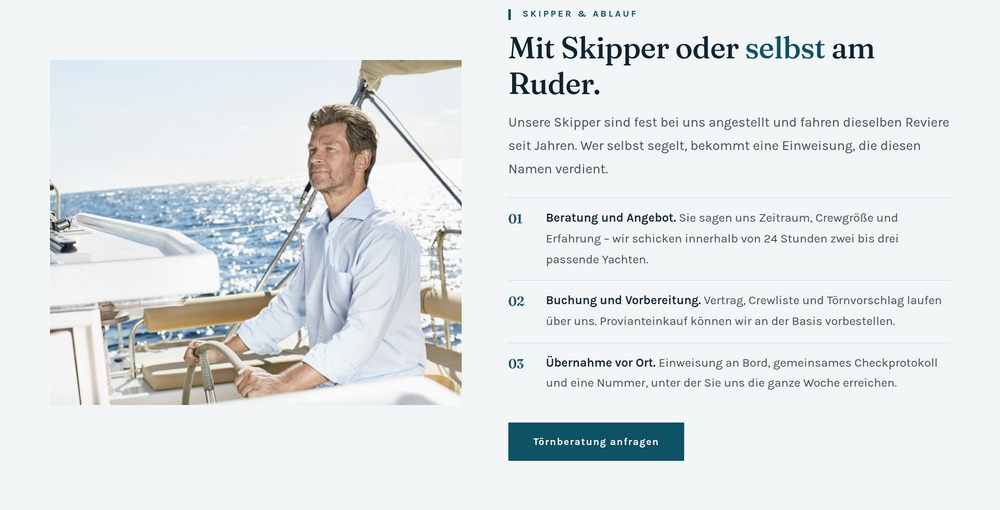 Sektion einer Yachtcharter-Website zu Skipper-Service und Buchungsablauf in drei Schritten