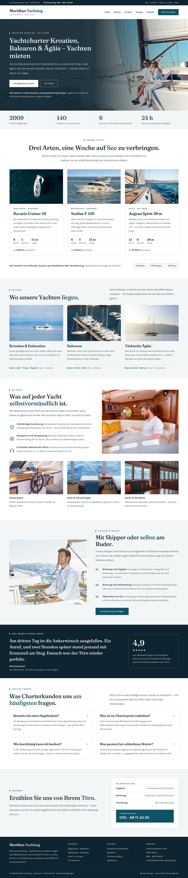 Webdesign für Yachtcharter: Startseite einer Charteragentur mit Foto-Hero, Flotte, Revieren, Ausstattung und Skipper-Service