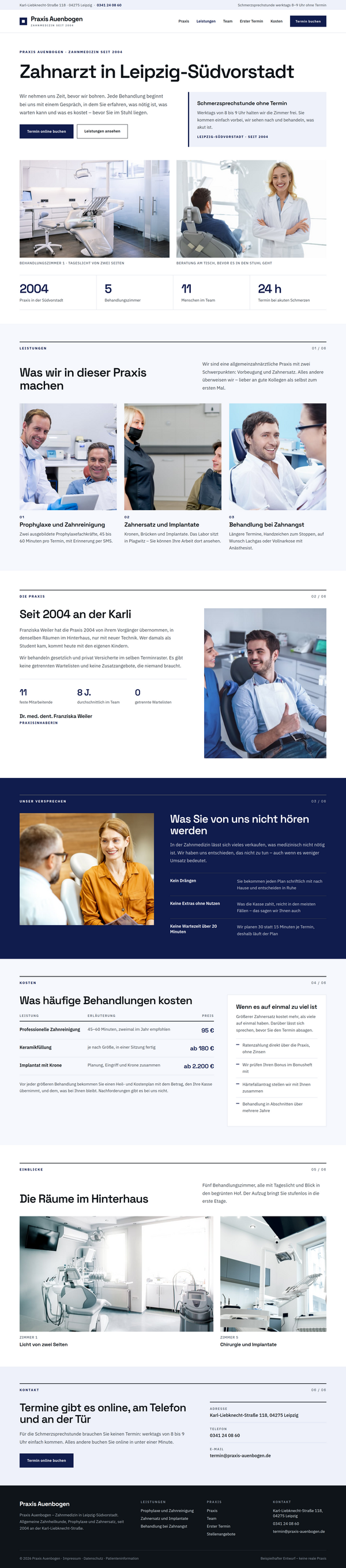 Mockup einer Zahnarzt-Webseite, komplette Seite