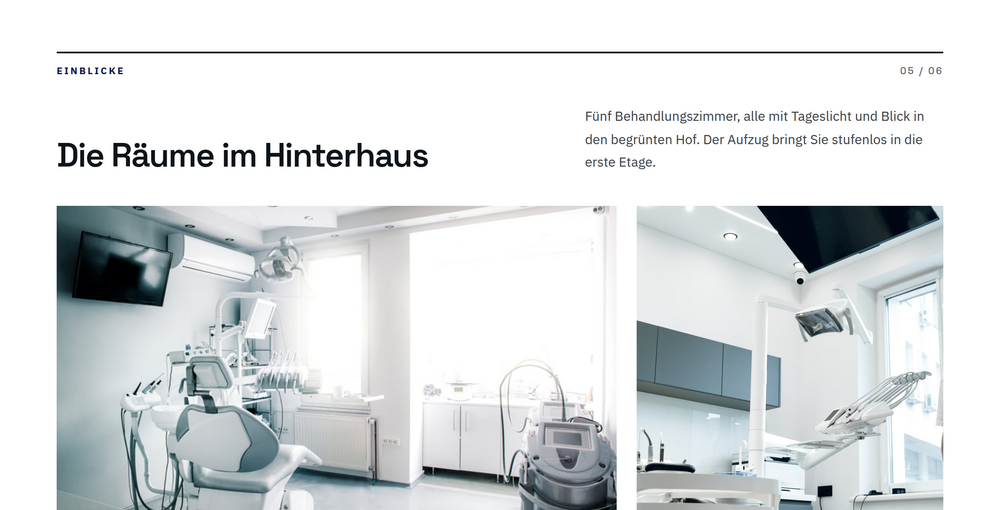 Räume-Sektion einer Zahnarzt-Webseite