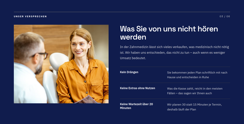 Versprechen-Sektion einer Zahnarzt-Webseite