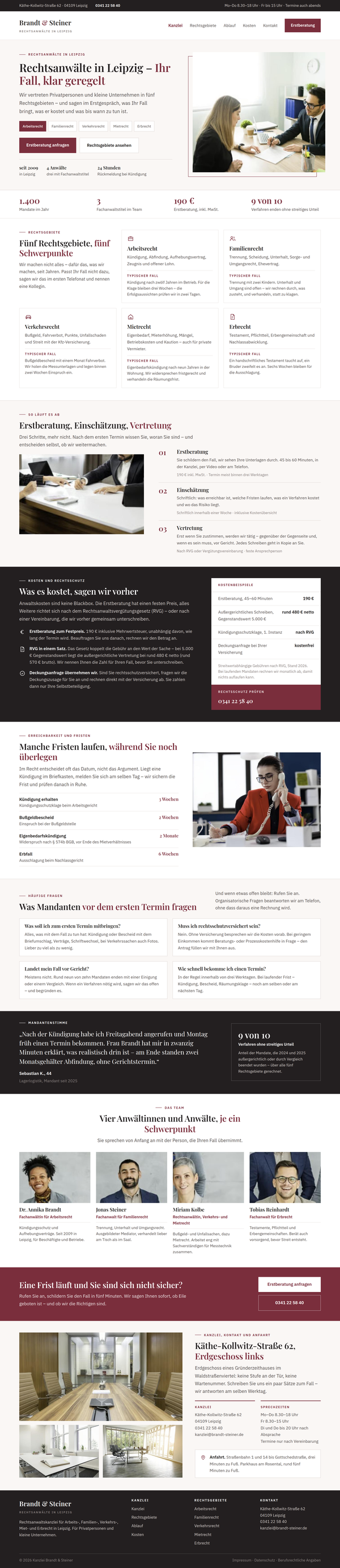 Beispiel-Webdesign für eine Rechtsanwaltskanzlei in Leipzig mit Rechtsgebieten, Ablauf und Kostenübersicht