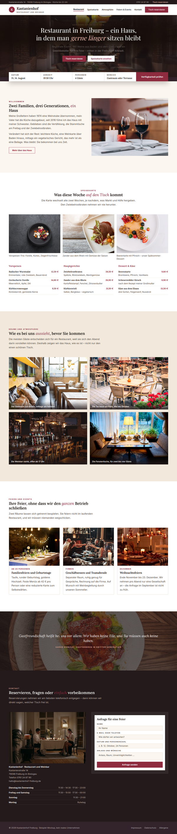 Beispiel-Webdesign für ein Restaurant in Freiburg mit Speisekarte, Weinbar und Reservierung