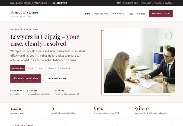 Example web design for a law firm in Leipzig with practice areas, process and fee overview
