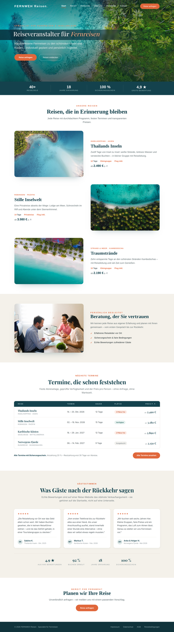 Beispiel-Webdesign für einen Reiseveranstalter mit Reisezielen, Terminen und Buchungsstrecke