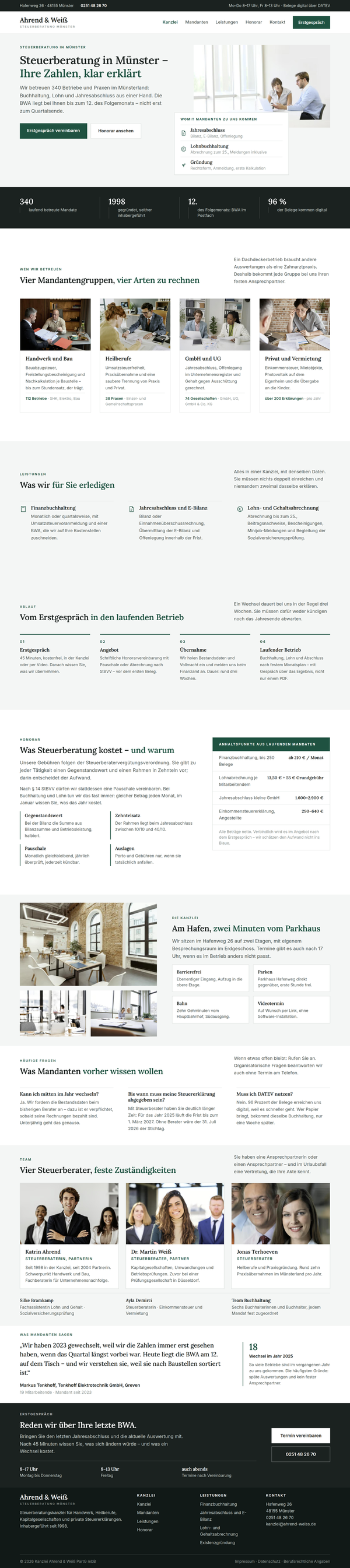 Sample website design for a tax consulting firm in Münster, featuring client groups, services, and a fee schedule